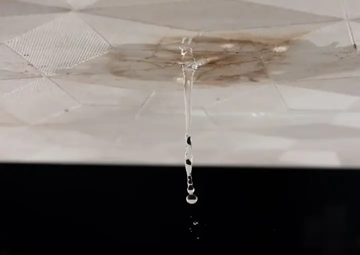 Water dripping from a stained ceiling