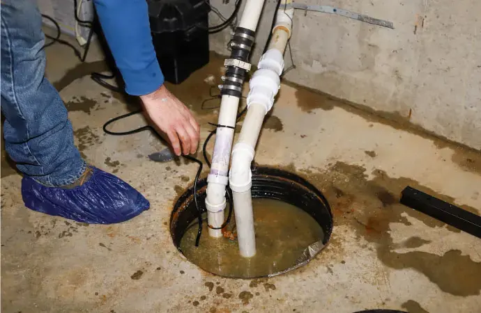 Gloved hand working at a flooded sump pit in a Brighton basement